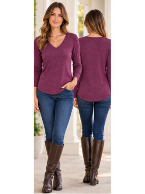 Woolx Merino Wool Long Sleeve V-Neck Tee Purple Size S